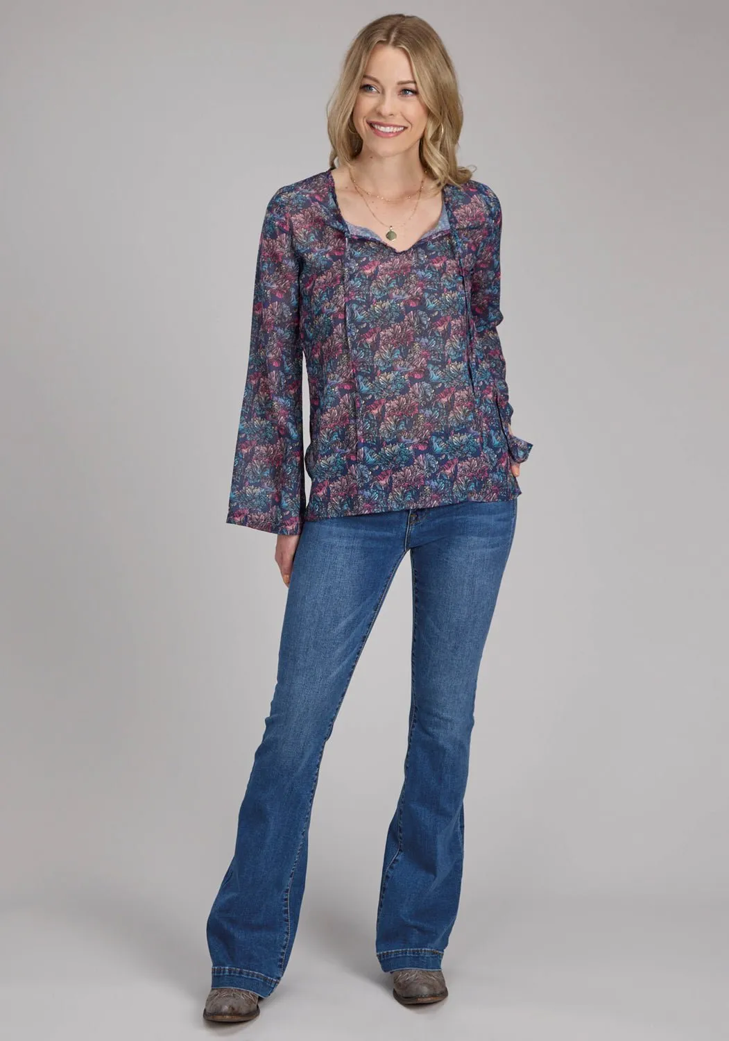 Smart Design High-Quality Craftsmanship Roper Womens Gem Floral Keyhole Multi-Color 100% Cotton L/S Blouse