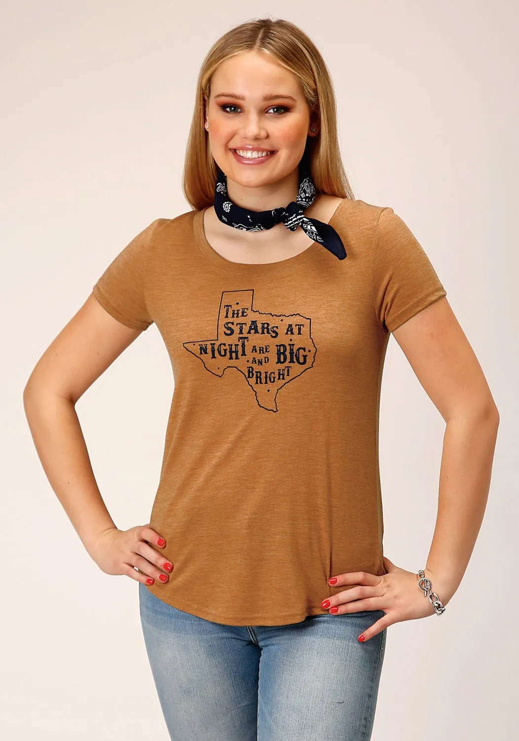 Roper Womens Stars Big and Bright Tobacco Brown Poly/Rayon S/S T-Shirt handmade touch