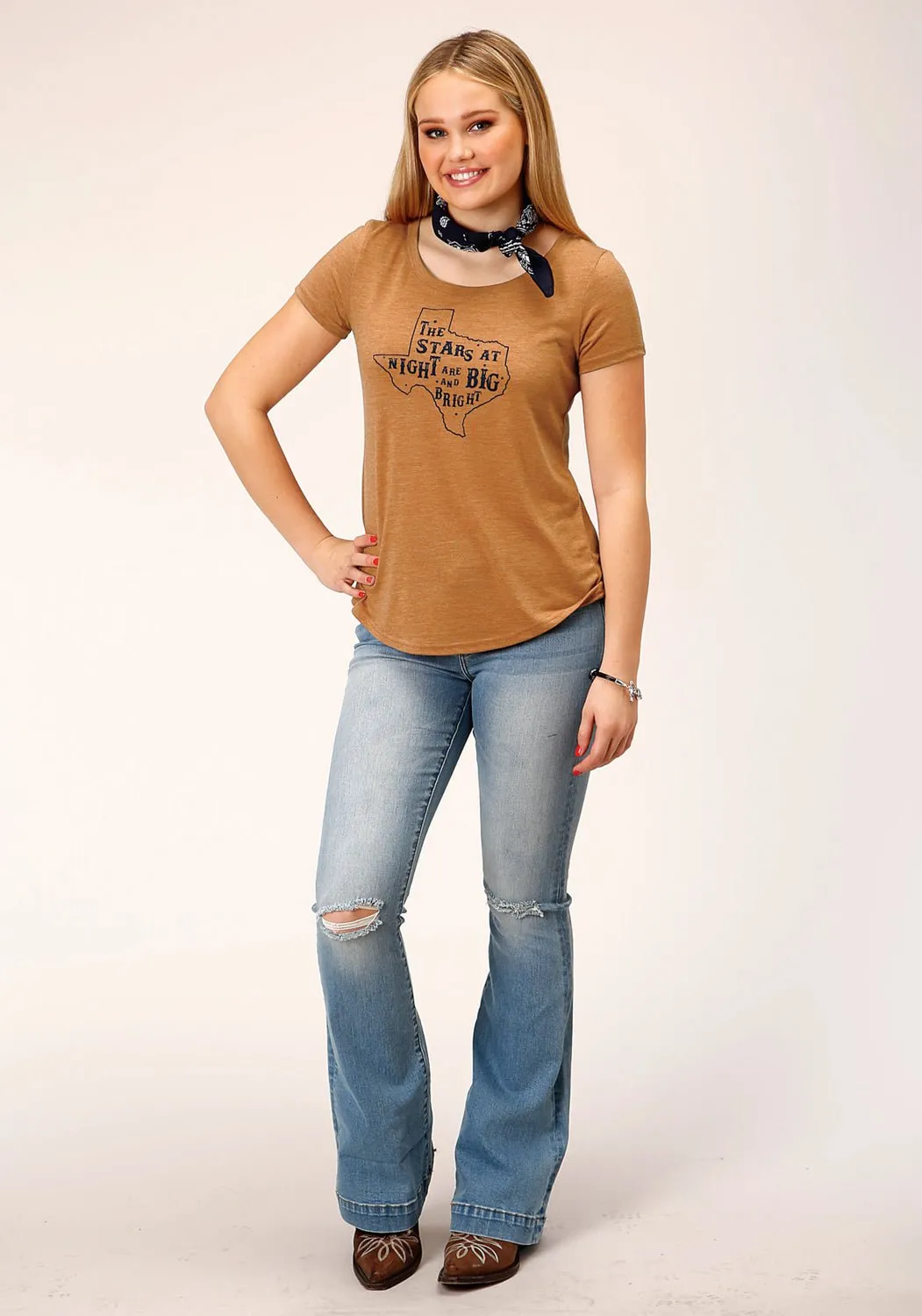 Polo Style Reinforced Shoulders Roper Womens Stars Big and Bright Tobacco Brown Poly/Rayon S/S T-Shirt