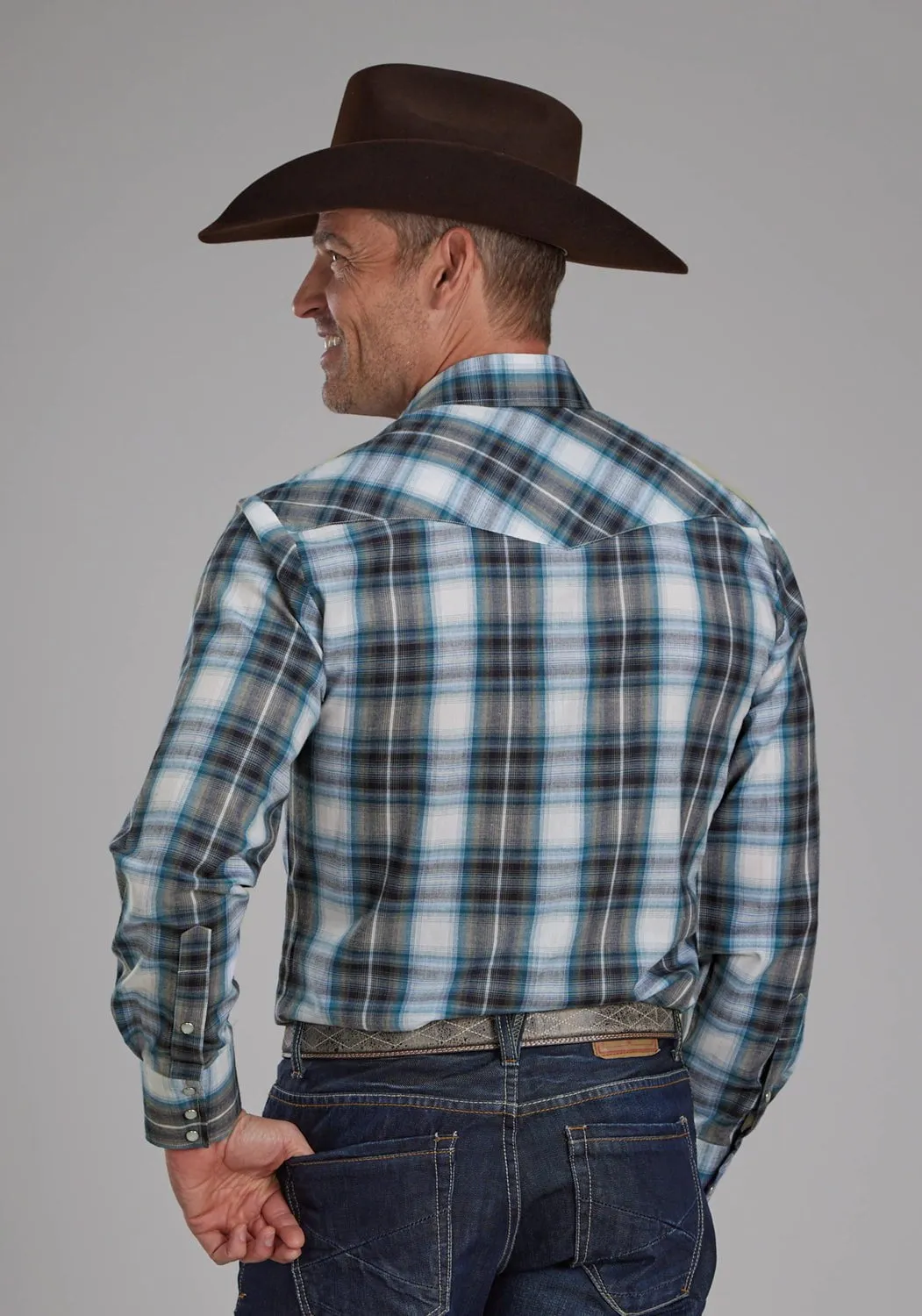 No Slip Shoulder Grips Perfect Look Roper Mens 2111 Plaid Teal/White Cotton Blend L/S Shirt