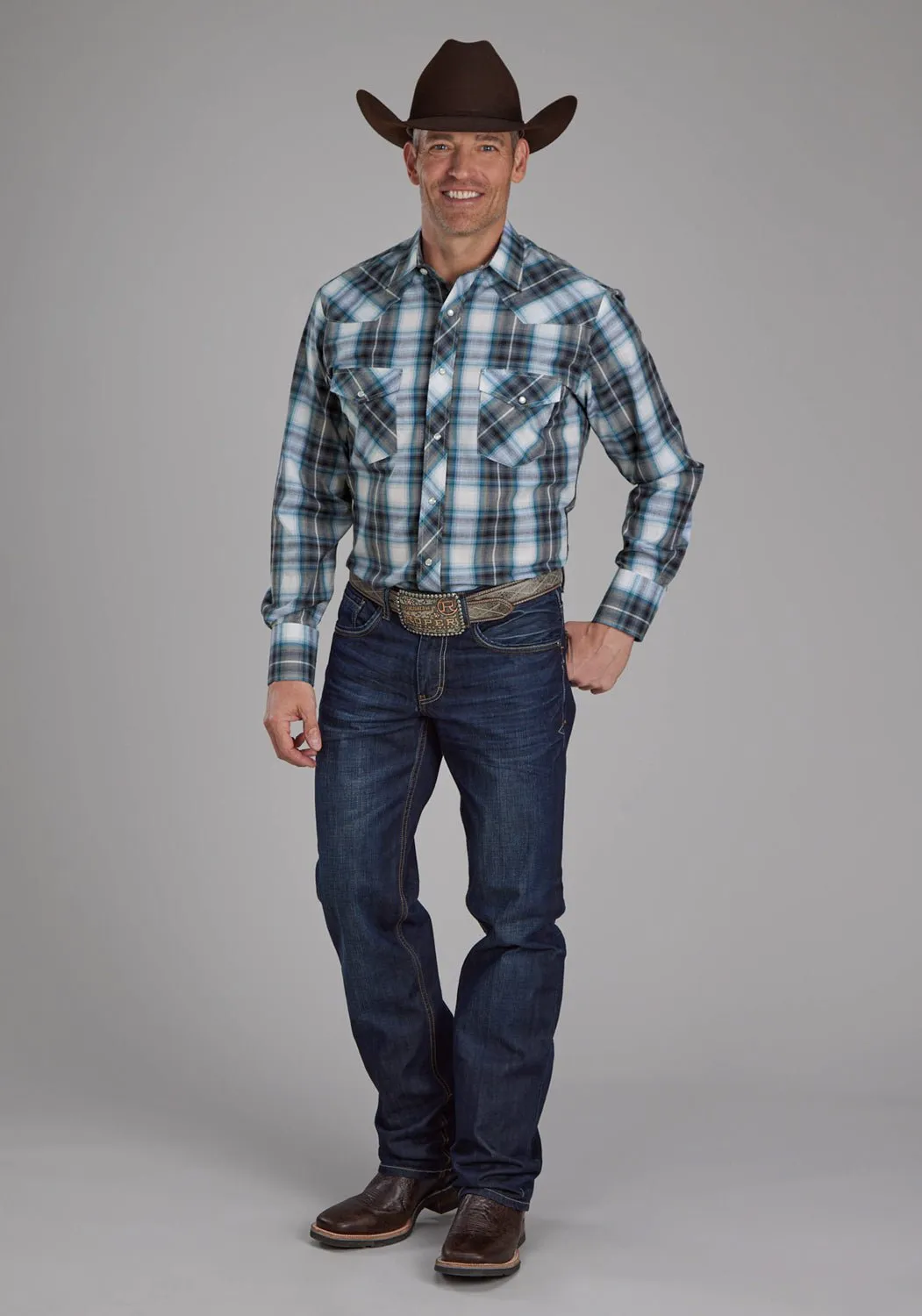 Seasonal Comfort Roper Mens 2111 Plaid Teal/White Cotton Blend L/S Shirt