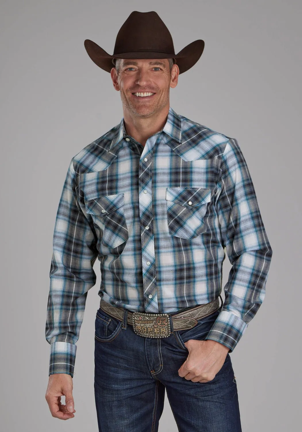 Unstructured Shoulder Roper Mens 2111 Plaid Teal/White Cotton Blend L/S Shirt