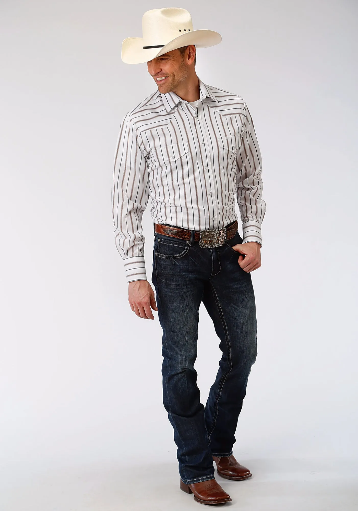Durable Fabric Beach Ready Roper Mens Brown/Grey Cotton Blend Wide Stripe L/S Shirt