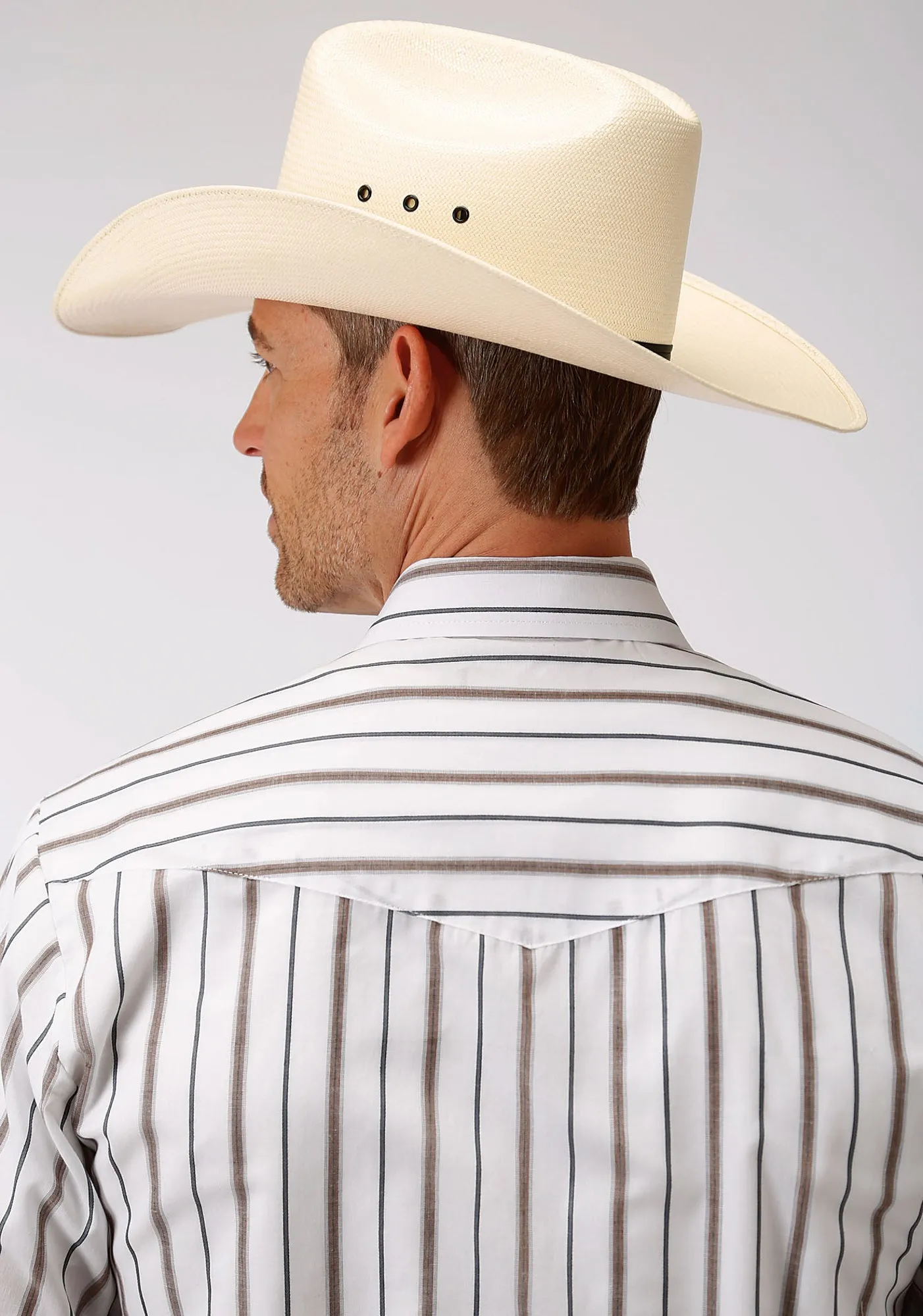 Reinforced Buttonholes Trendy Fit Roper Mens Brown/Grey Cotton Blend Wide Stripe L/S Shirt