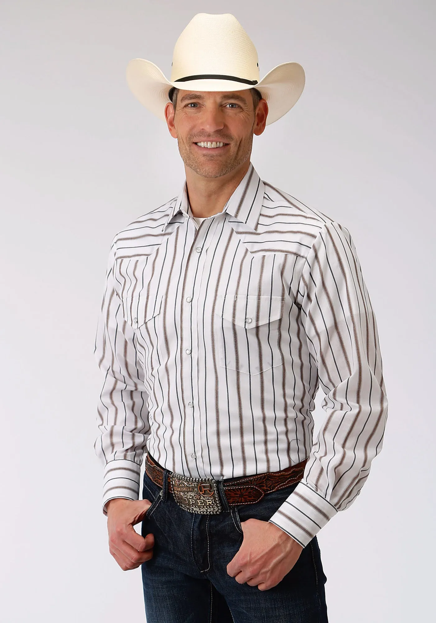 Double Stitched Hems Roper Mens Brown/Grey Cotton Blend Wide Stripe L/S Shirt
