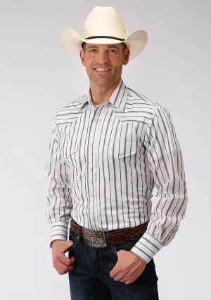 Antimicrobial Coating Roper Mens Brown/Grey Cotton Blend Wide Stripe L/S Shirt Split hem Roper Mens Brown/Grey Cotton Blend Wide Stripe L/S Shirt