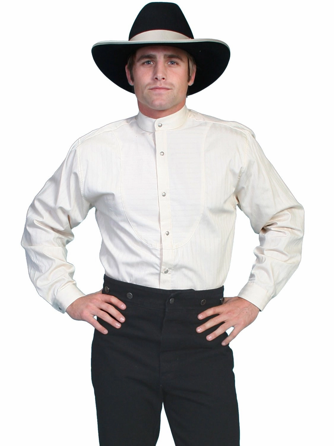 Button front Scully Mens Ivory 100% Cotton Inset Bib L/S Shirt M