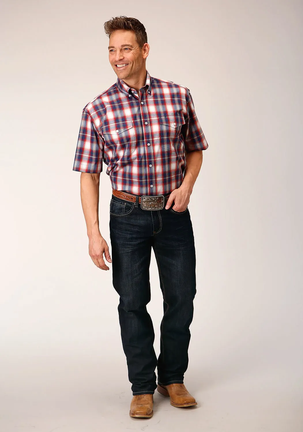 Roper Mens 1553 Independence Plaid Blue 100% Cotton Btn S/S Shirt Simple Elegance Everyday Comfort