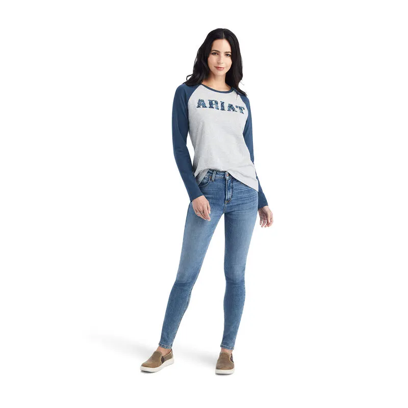 Ariat Women's REAL Ariat Baseball Shirt, Heather Grey|Midnight Blue