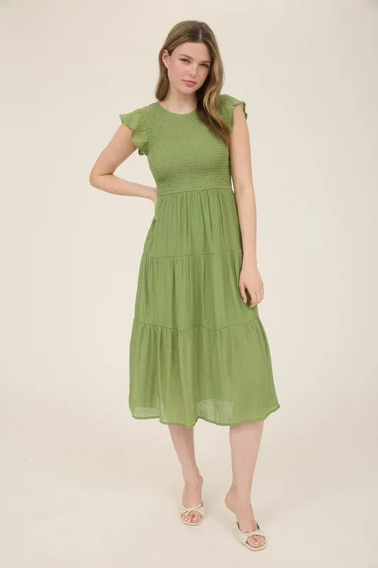 DANICA SMOCKED TIERED MIDI DRESS S-3XL Calm Finish Warm Palette
