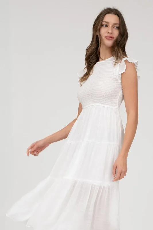 DANICA SMOCKED TIERED MIDI DRESS S-3XL Flowy Cut Social Ease