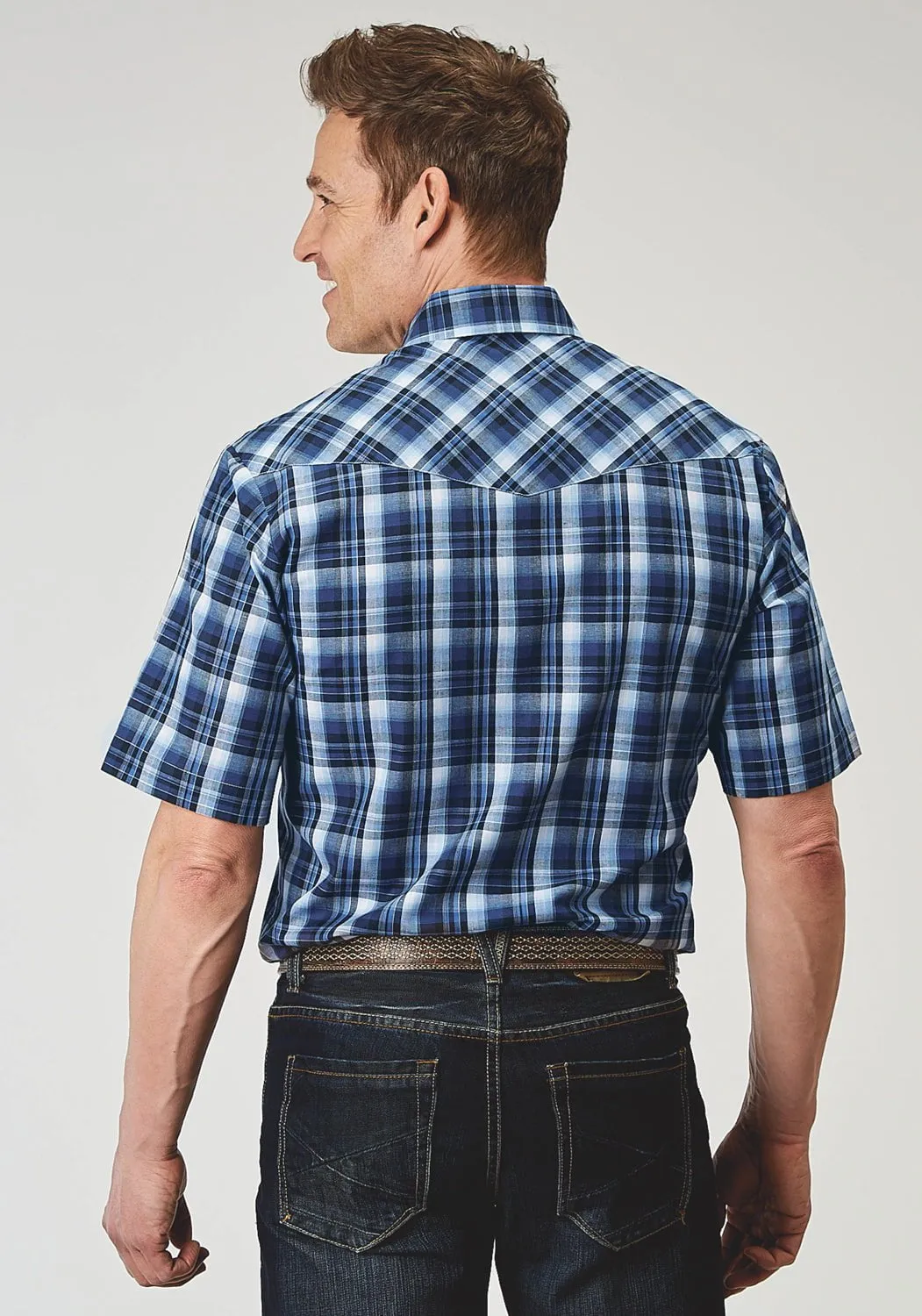 Holiday Gift Roper Mens 1975 Midnight Plaid Blue Cotton Blend S/S Shirt