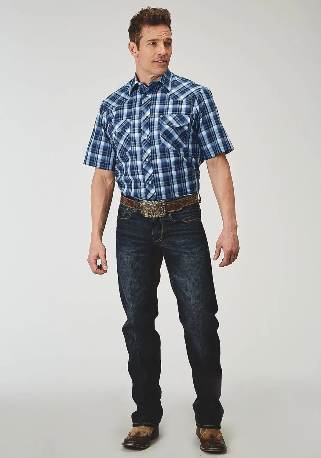 Comfortable fit Long Sleeve Roper Mens 1975 Midnight Plaid Blue Cotton Blend S/S Shirt