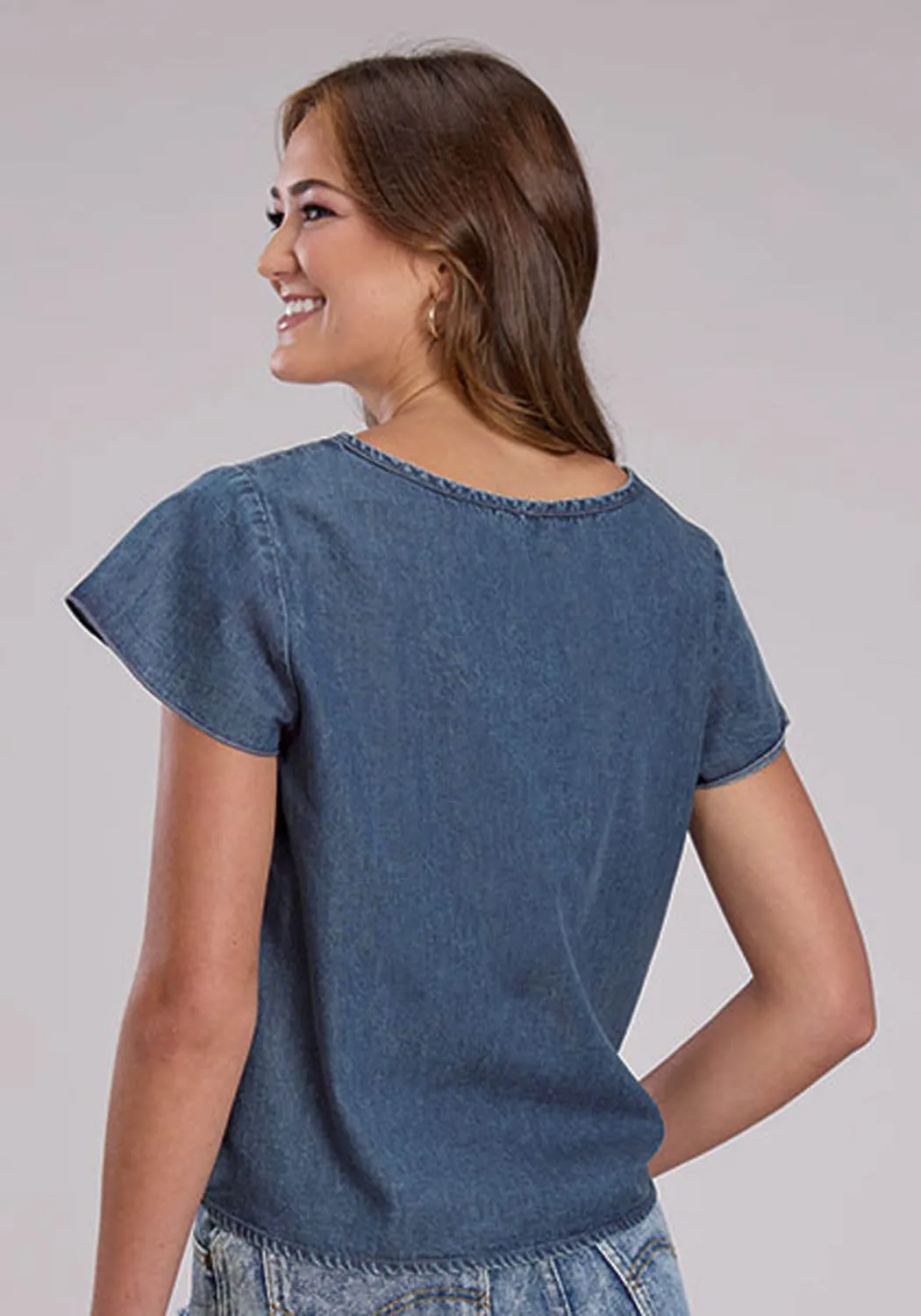 Oversized style Roper Womens 2530 Flutter Sleeve Denim 100% Cotton Cactus S/S Blouse
