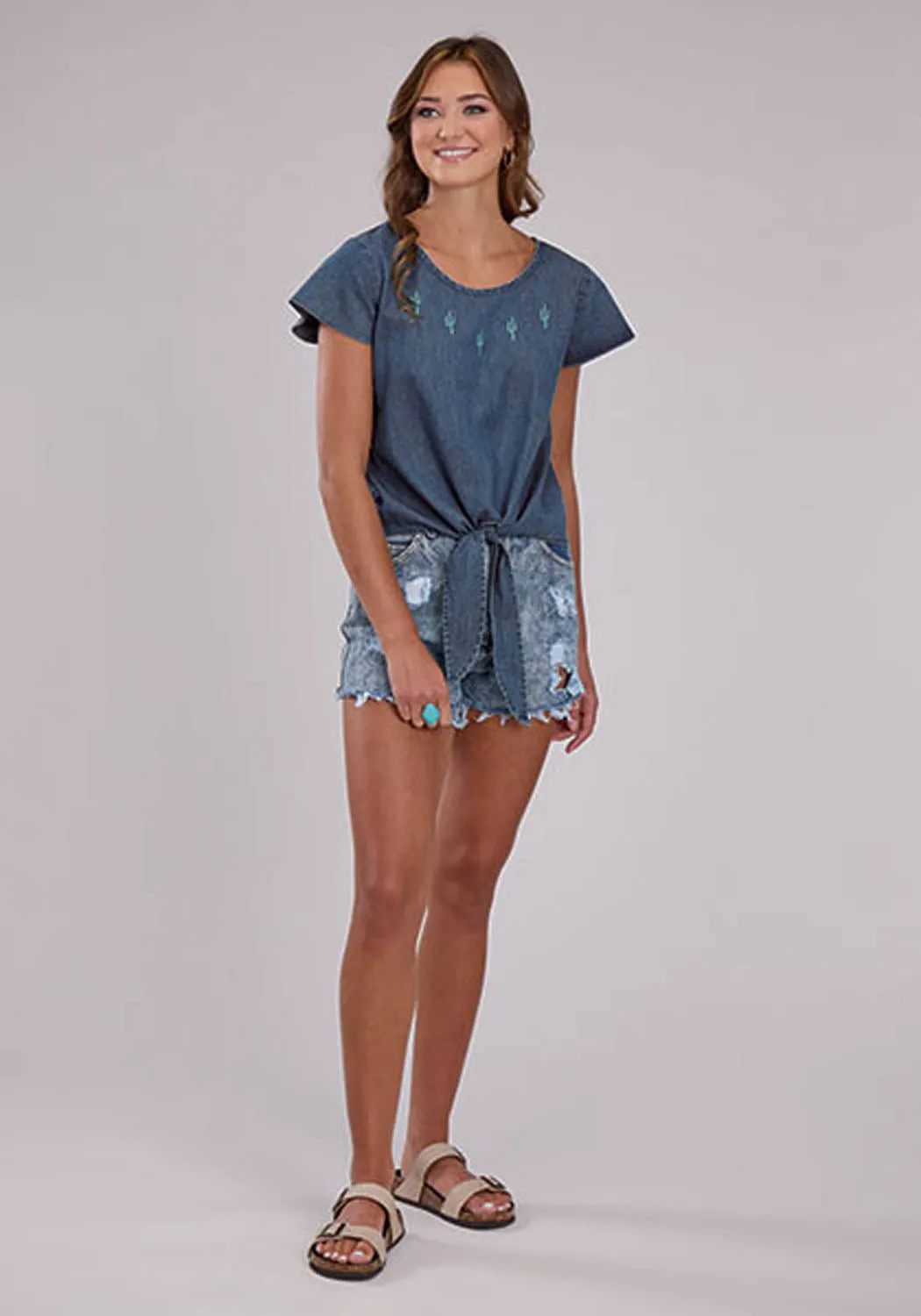 Roper Womens 2530 Flutter Sleeve Denim 100% Cotton Cactus S/S Blouse Eco friendly materials