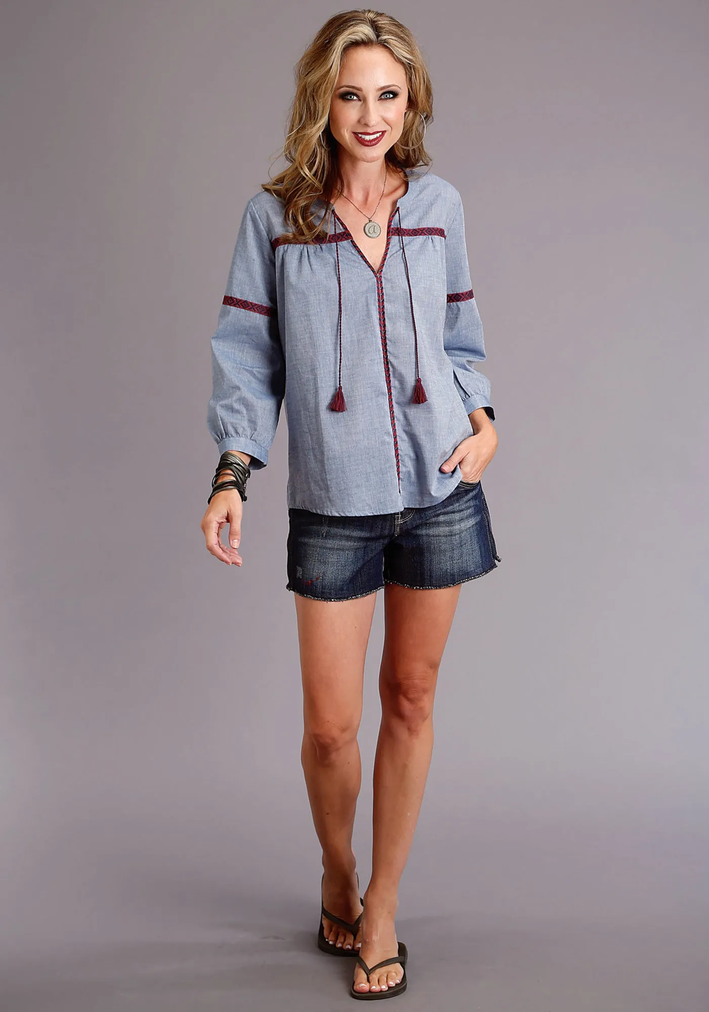 Smooth Zipper Design Modern Cut Stetson Womens Chambray 100% Cotton Peasant S/S Blouse