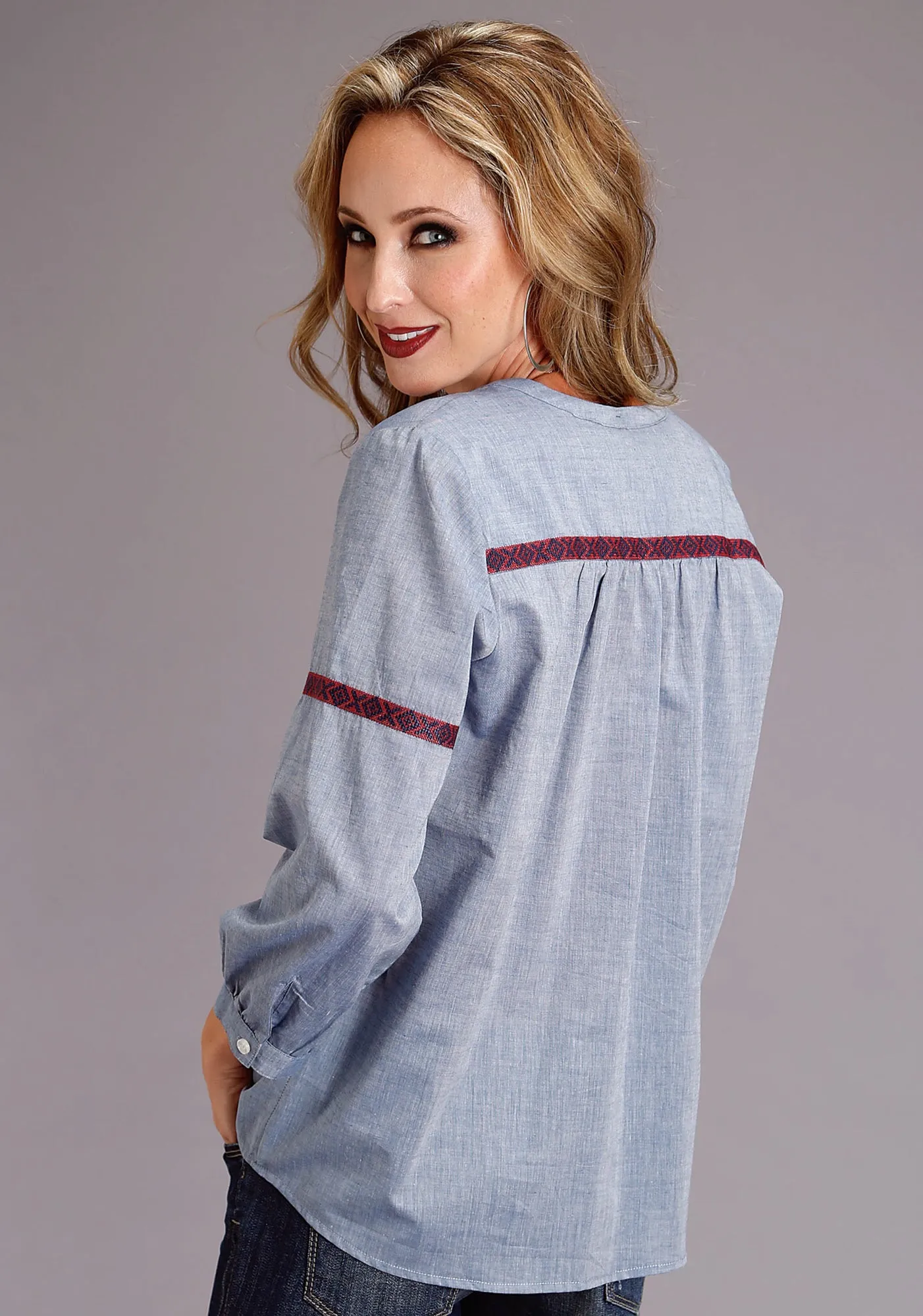 Stetson Womens Chambray 100% Cotton Peasant S/S Blouse Round Collar