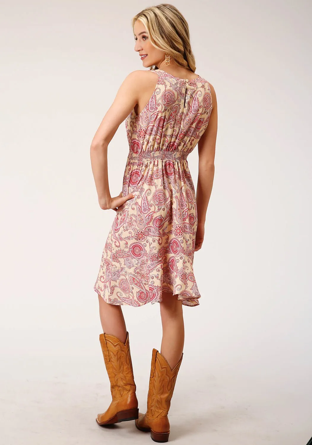Roper Womens Spring Paisley Yellow 100% Polyester S/L Dress Chic Fit
