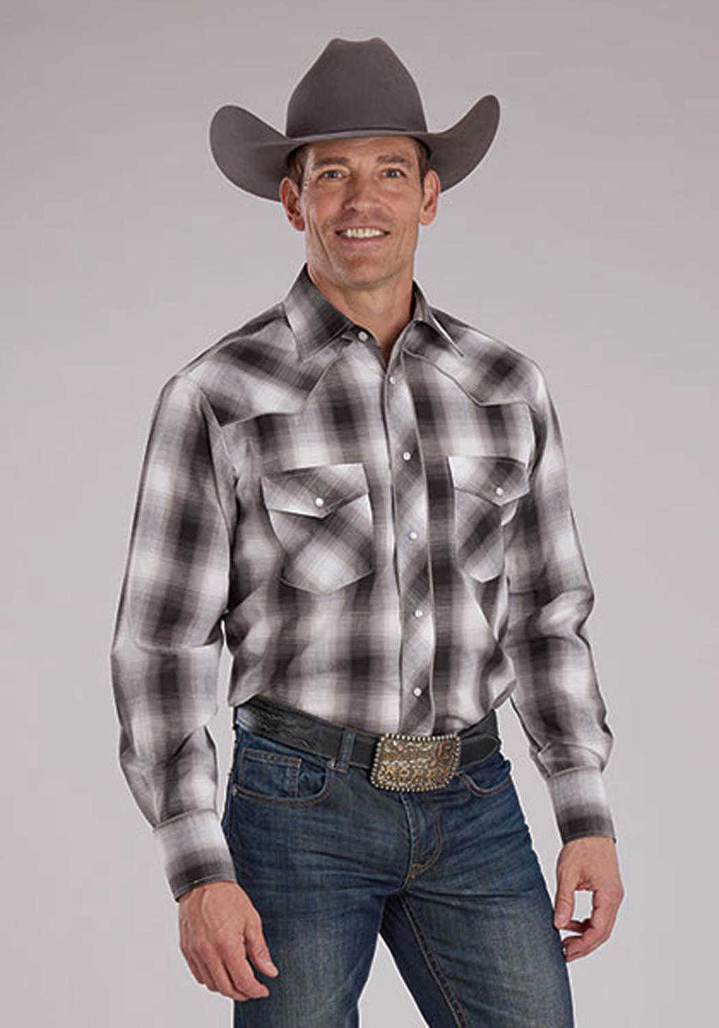 Roper Mens 2486 Yoked Horseshoe Grey/Black/White Cotton Blend L/S Shirt Camouflage Style