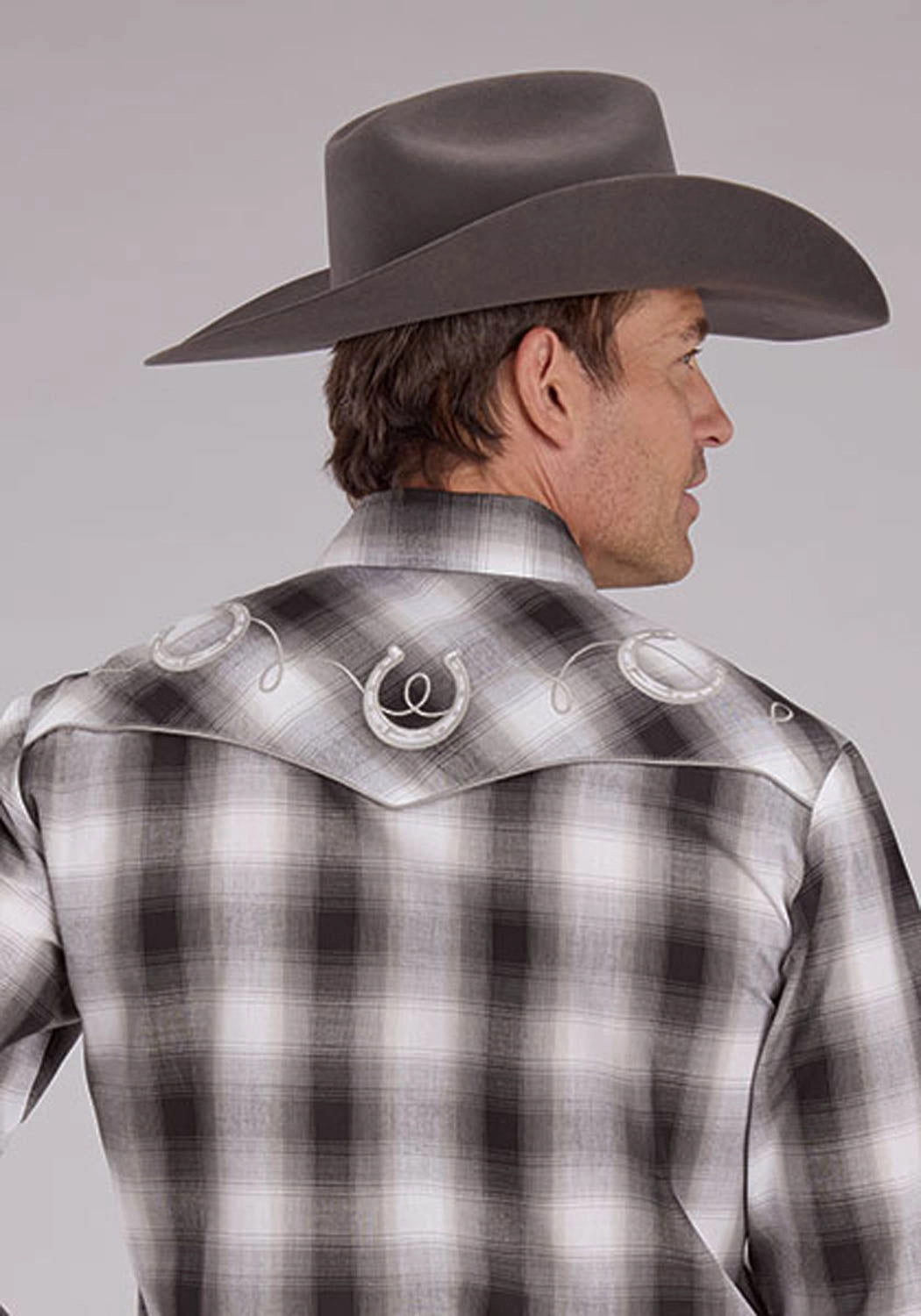 Premium Quality Roper Mens 2486 Yoked Horseshoe Grey/Black/White Cotton Blend L/S Shirt
