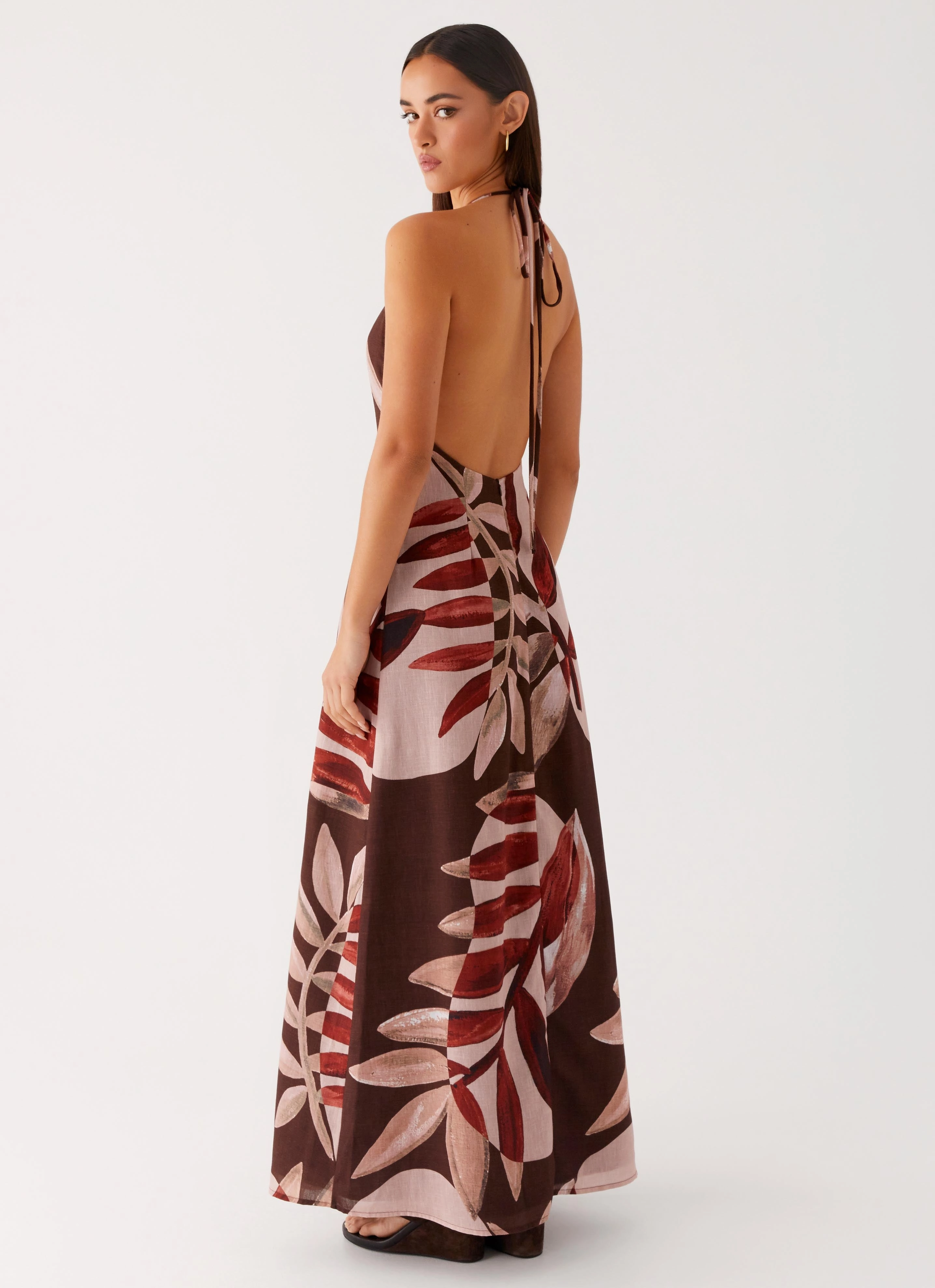 Hidden-Pocket Fashionable Layers Autumn Linen Maxi Dress - Cinnamon Palm
