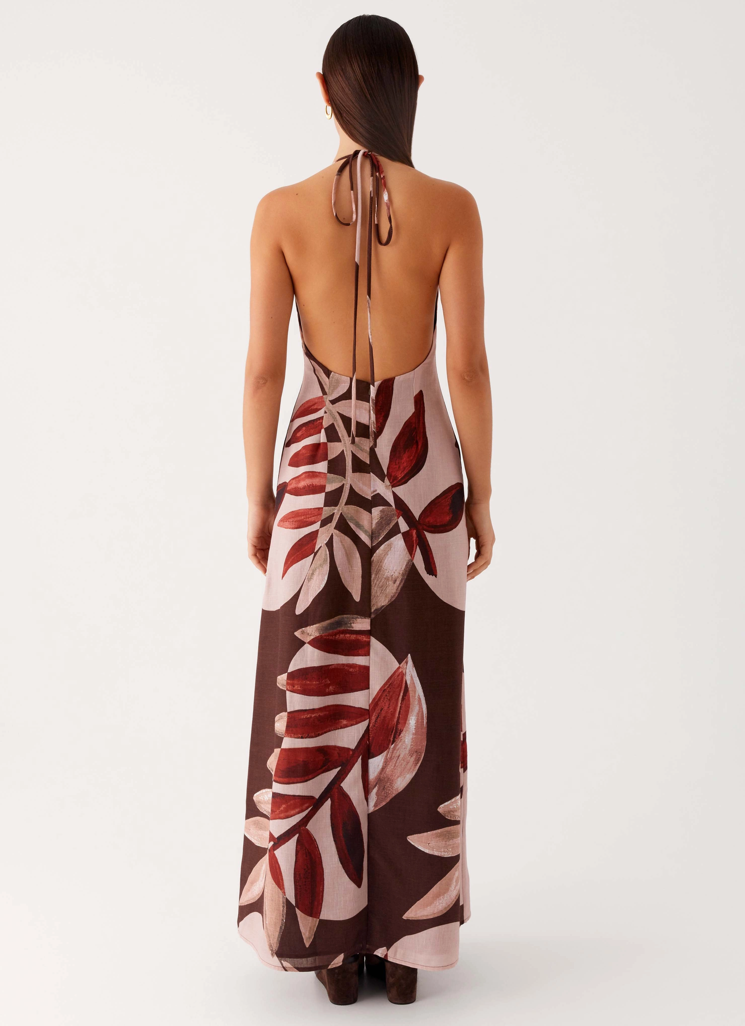 Day Outfit skin friendly Autumn Linen Maxi Dress - Cinnamon Palm