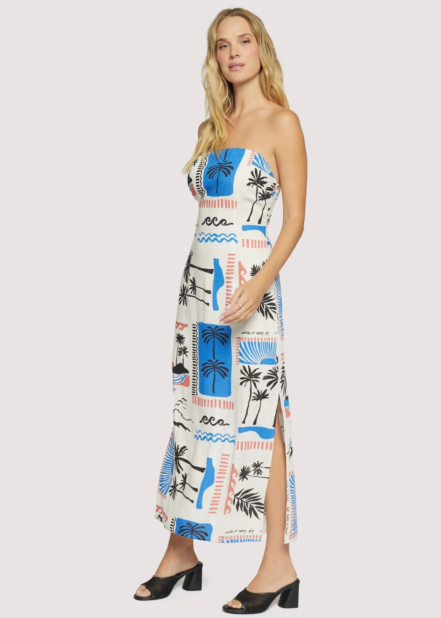 Azure Paradiso Strapless Maxi Dress in Cream/Blue Multi Beaded-Sleeve