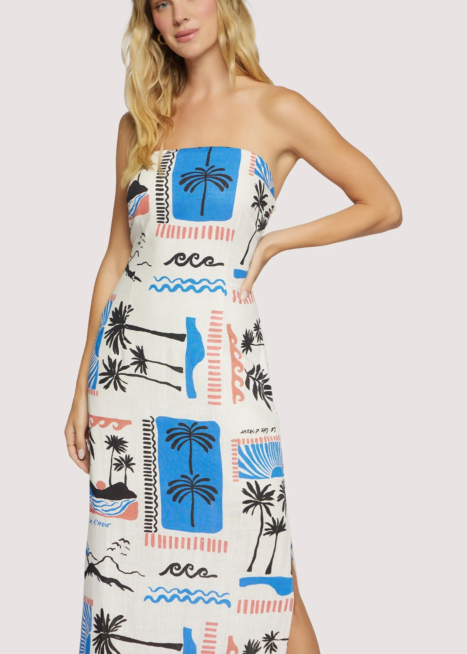Azure Paradiso Strapless Maxi Dress in Cream/Blue Multi Contemporary Fit