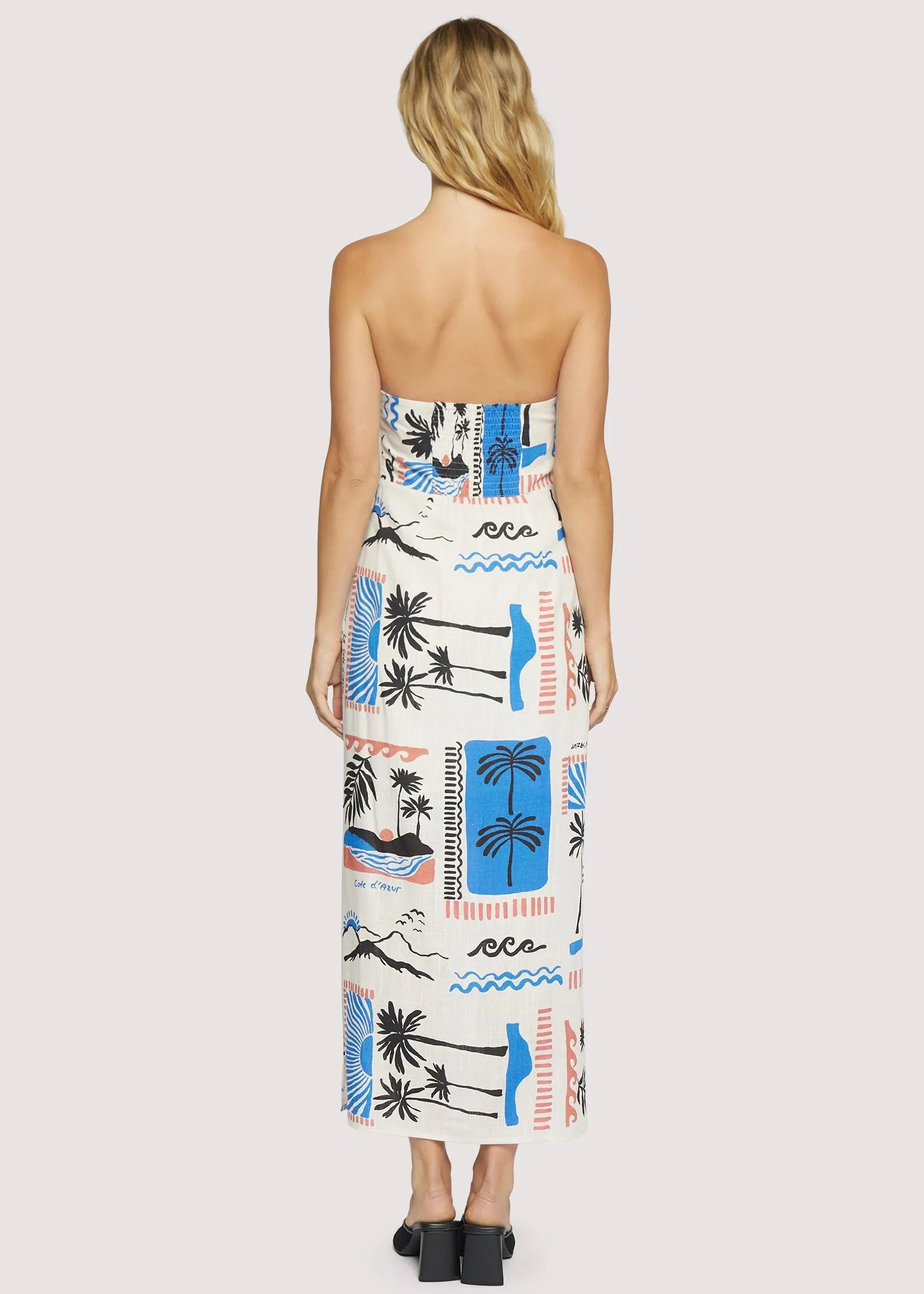 Silky Layer Edgy vibes Azure Paradiso Strapless Maxi Dress in Cream/Blue Multi