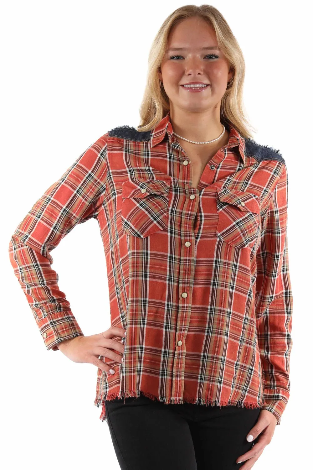 Heavyweight Denim Scully Womens Airy Plaid Yokes Red Rayon Blend L/S Shirt