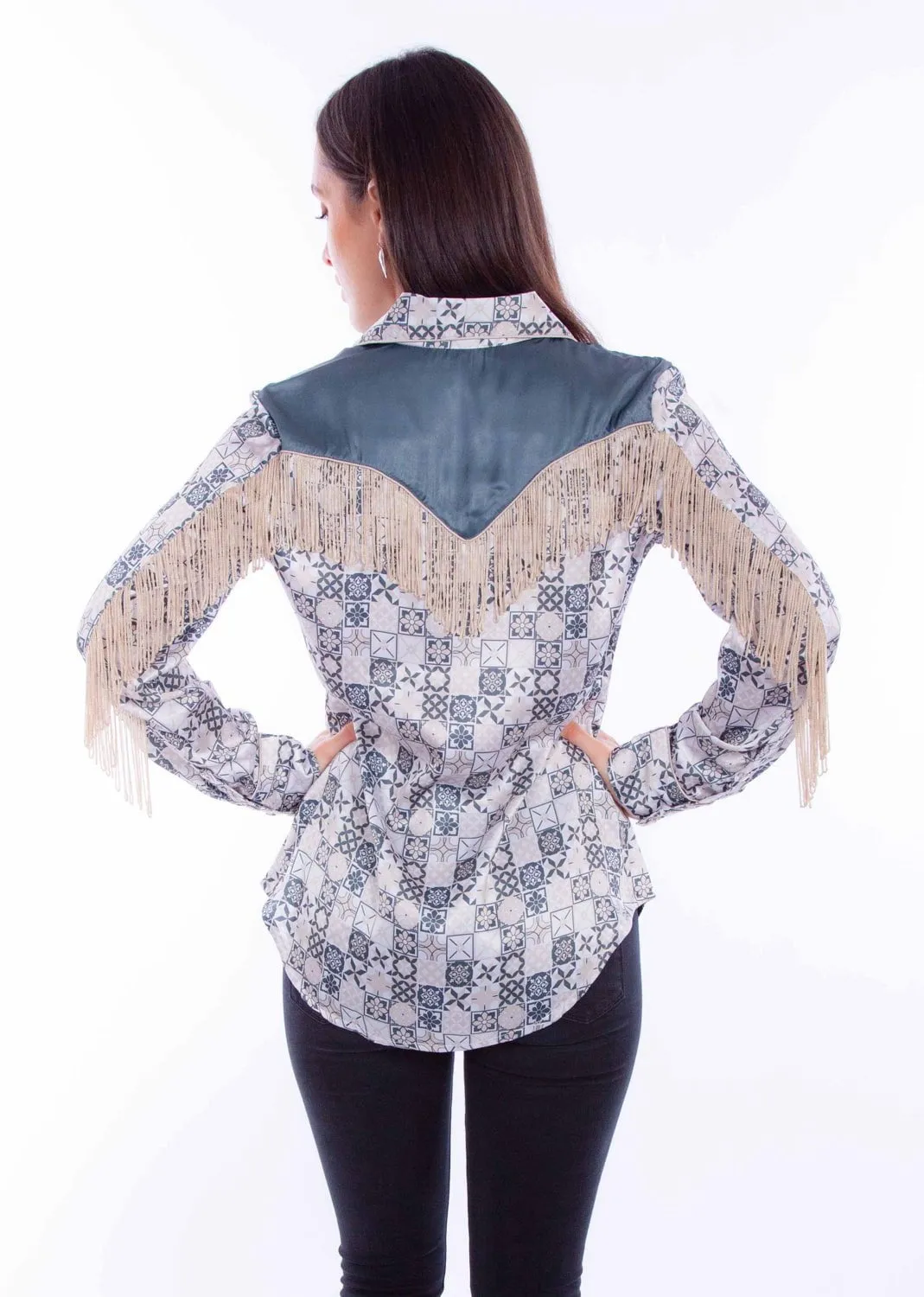 Distressed finish Perfect Layering Scully Womens Contrast Yokes Ivory 100% Polyester L/S Blouse