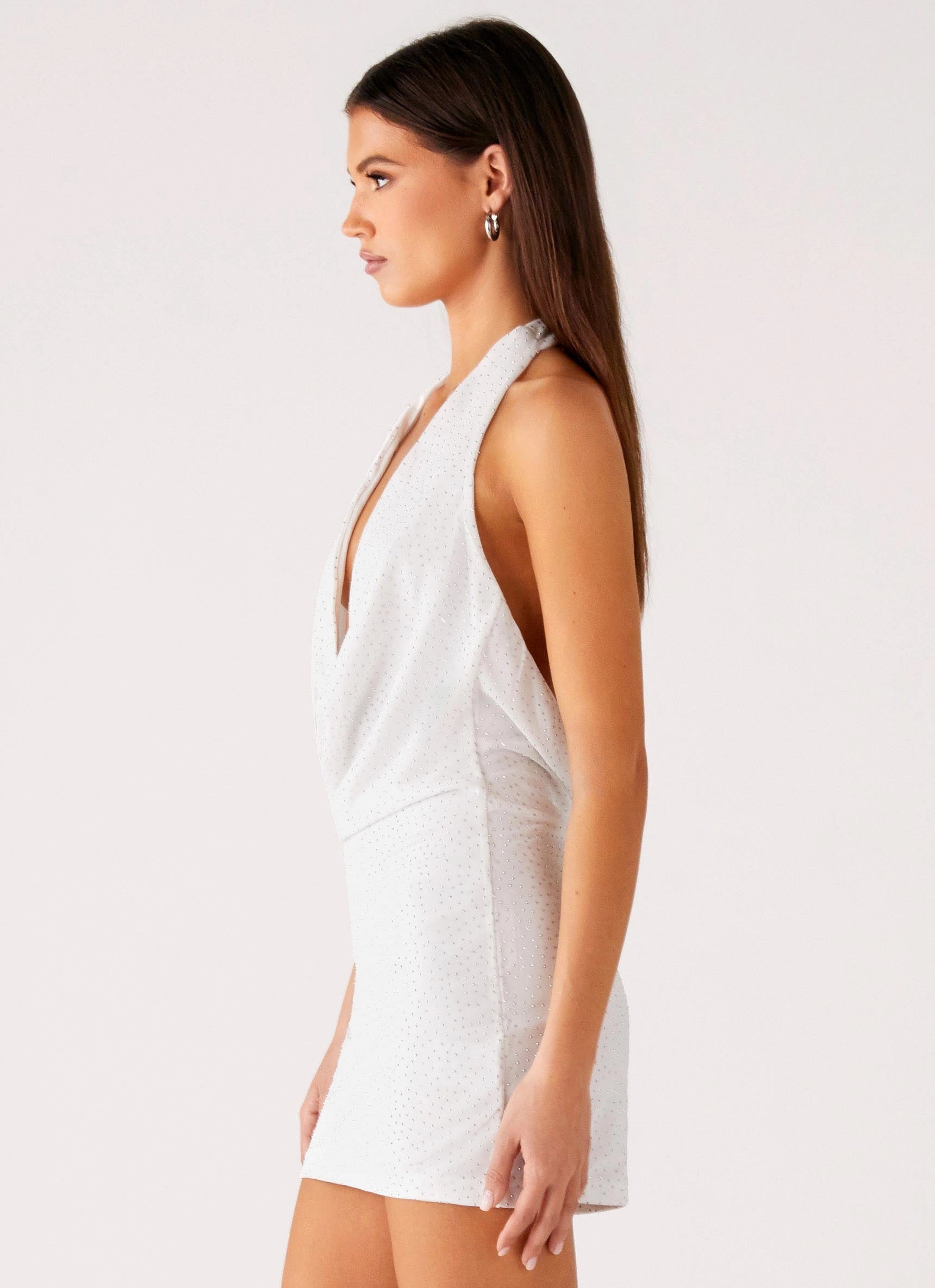Back Cut Out Beaded Sequins Mini Dress - Ivory Smart Silhouette Matte-finish