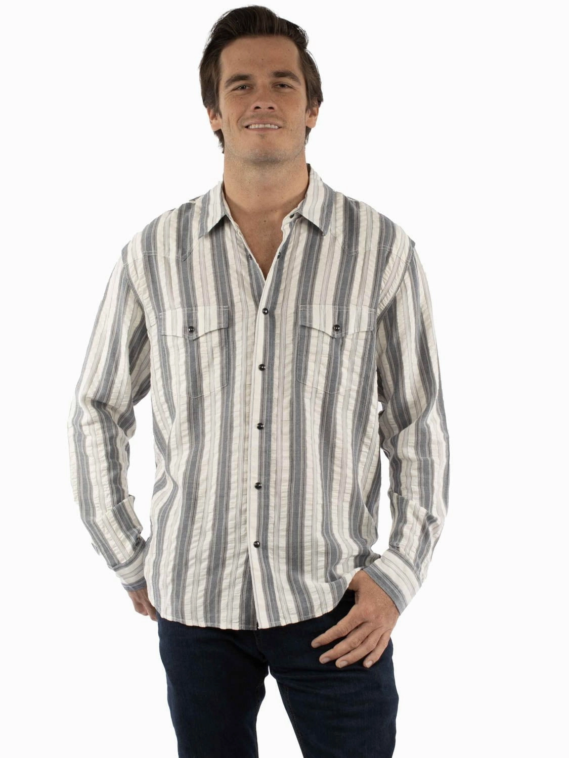 Anniversary Celebration Scully Mens Western Stripe Seersucker Blue 100% Cotton L/S Shirt