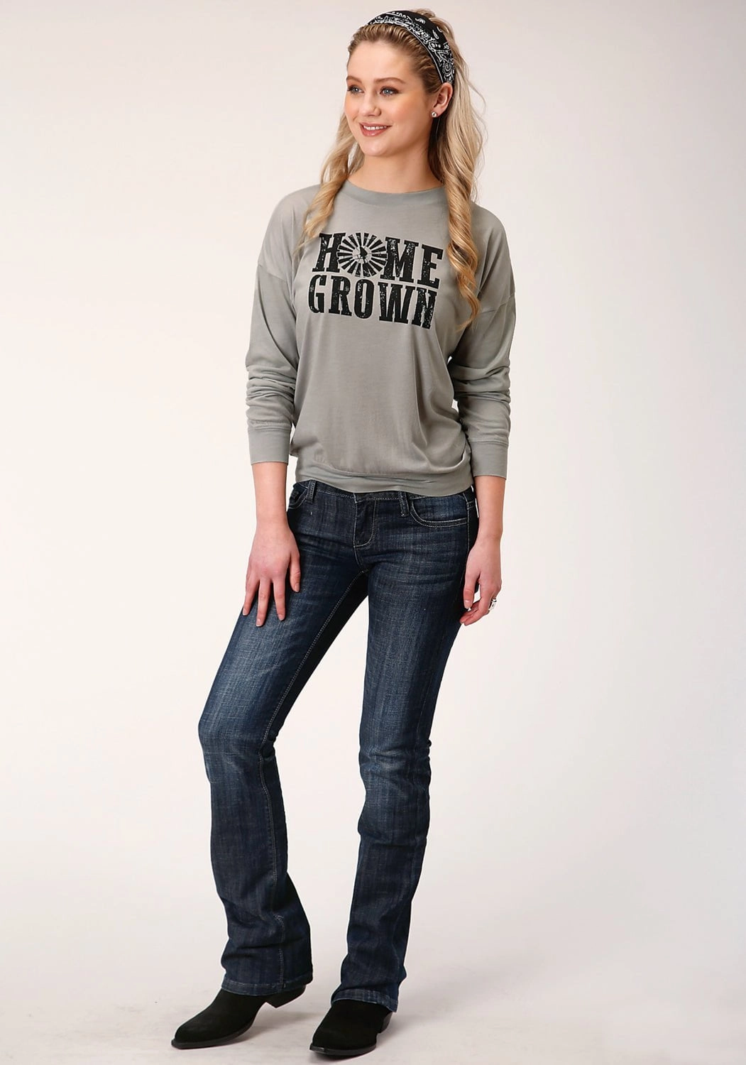 Roper Womens Grey Poly/Rayon Home Grown L/S T-Shirt Minimalist Design