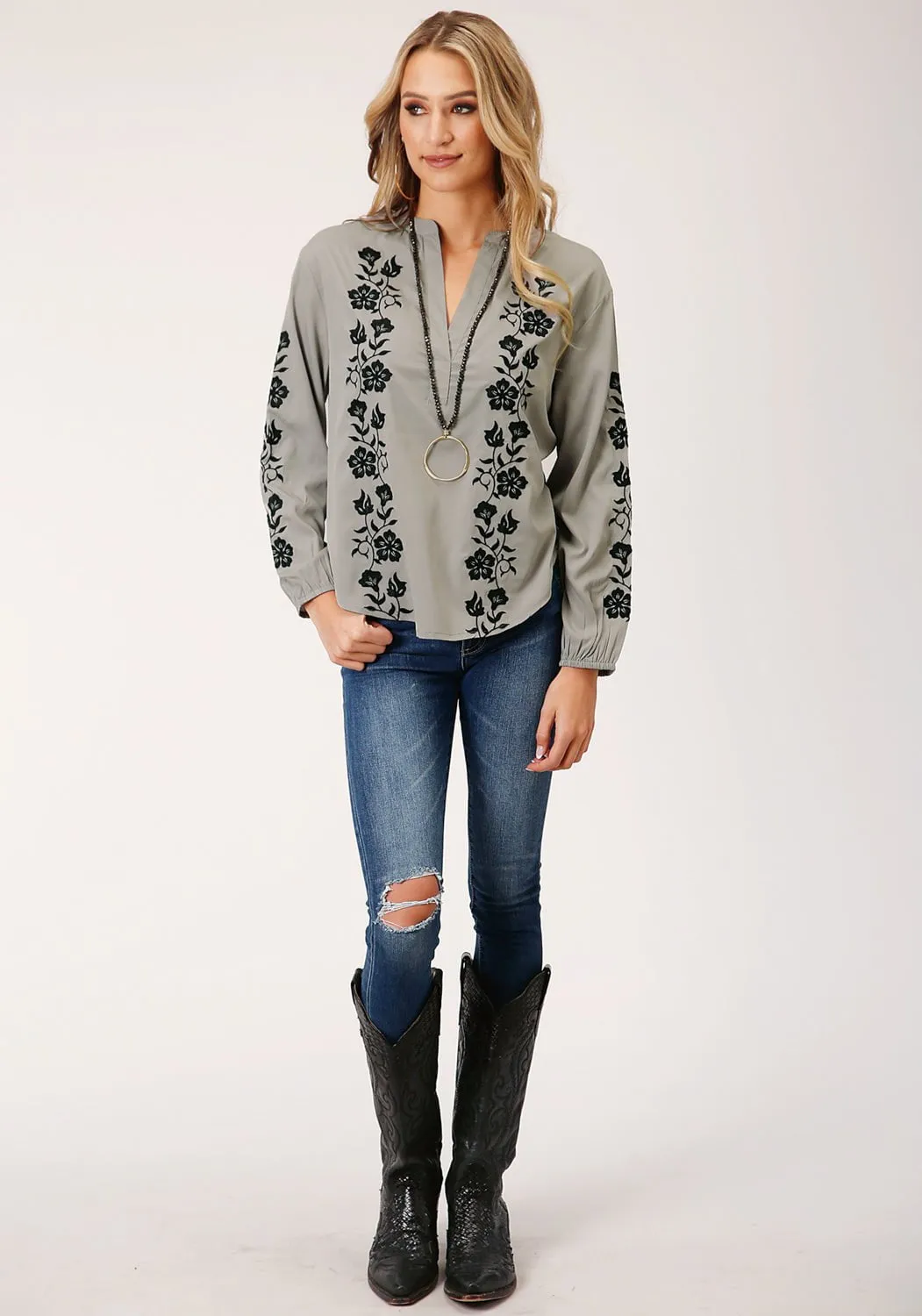 Roper Womens Grey Polyester V-Neck Placket L/S Blouse Stretch Classic Gym Ready