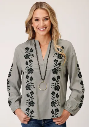 Base Fit Roper Womens Grey Polyester V-Neck Placket L/S Blouse Roper Womens Grey Polyester V-Neck Placket L/S Blouse Rainy Day Everyday