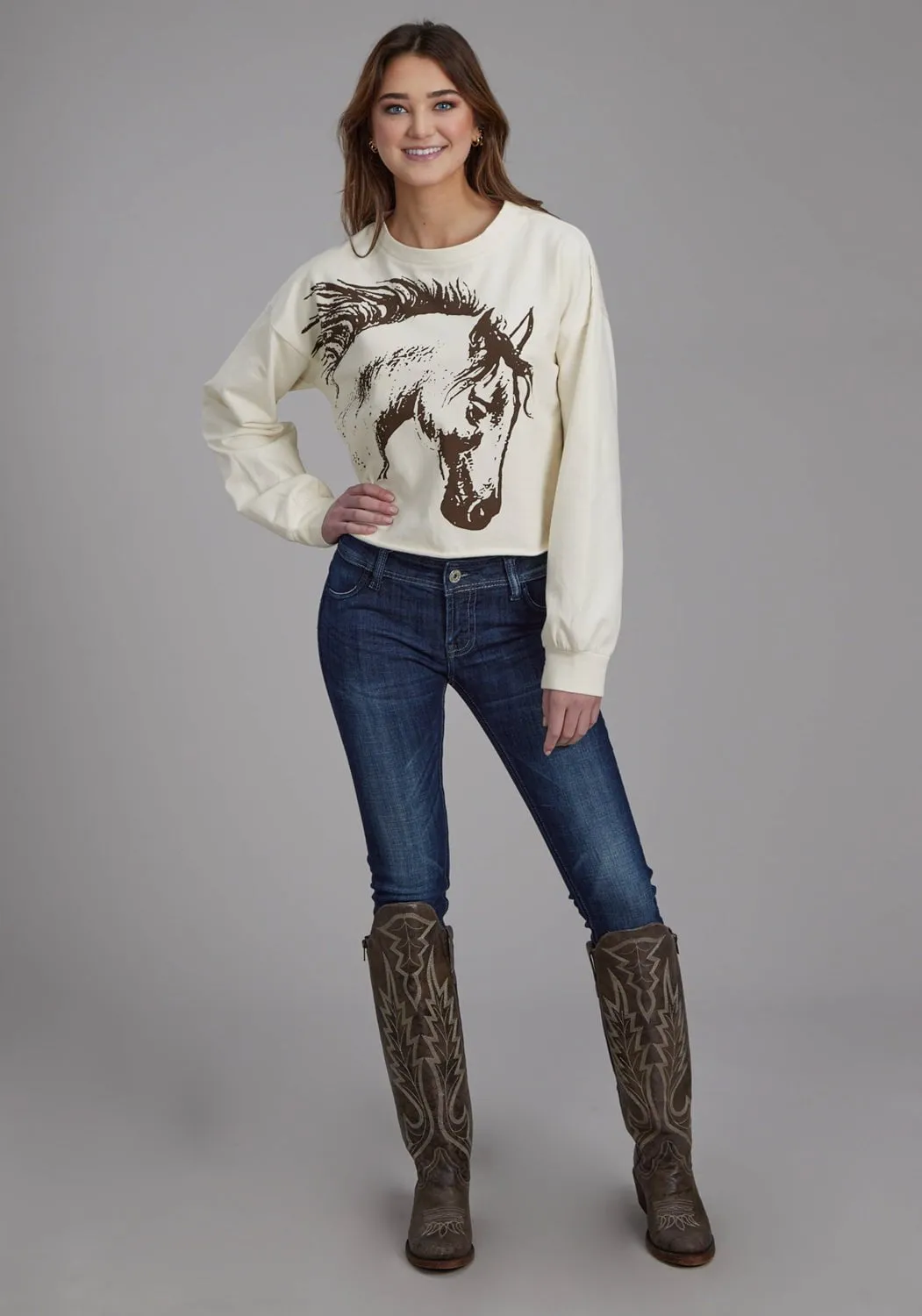 Chic Fit Easy Outfit Roper Womens Large Horse Head Cream 100% Cotton L/S T-Shirt