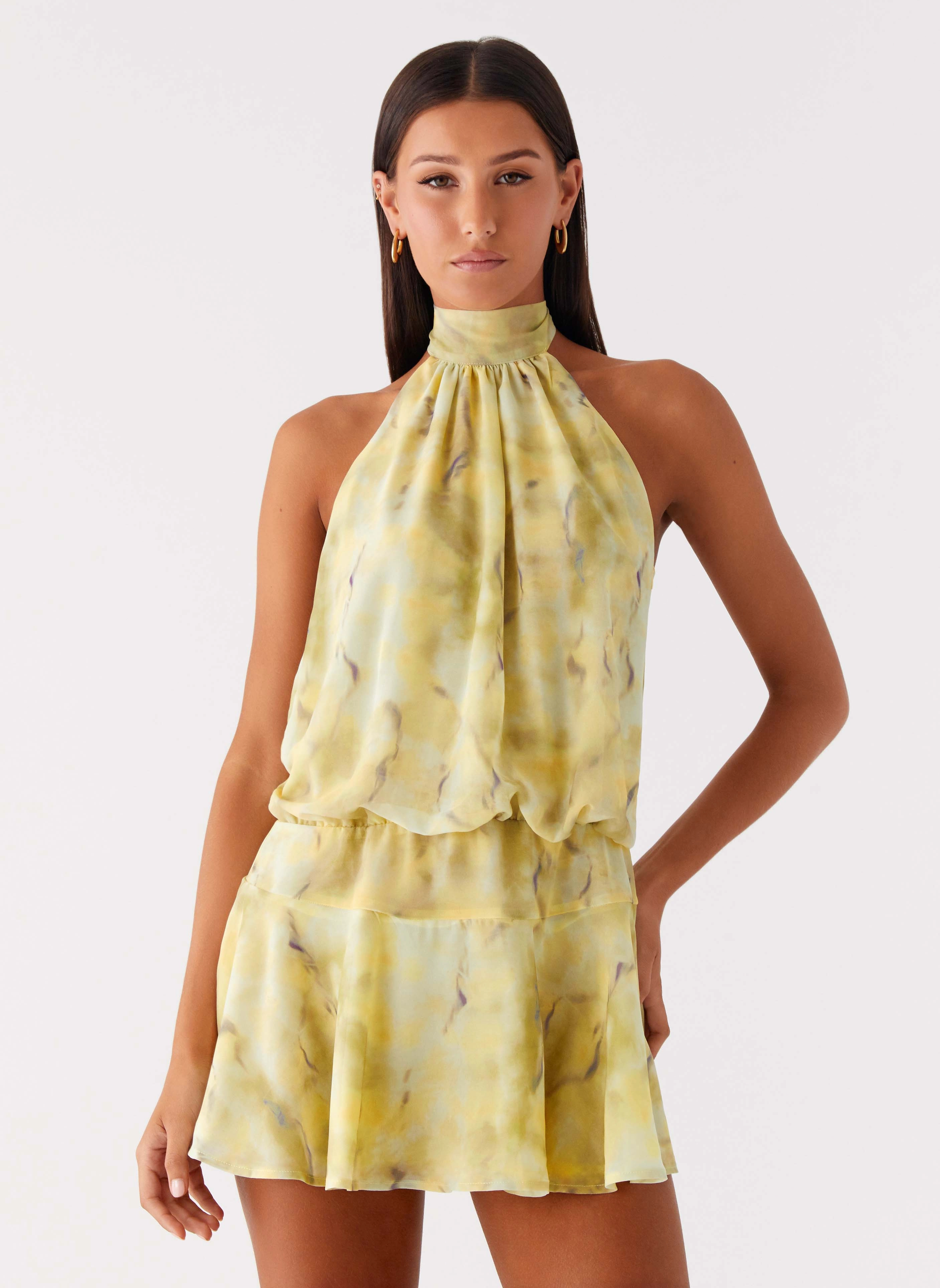 Perfectly Tailored Eye Catching First Date Halter Mini Dress - Yellow Tie Dye