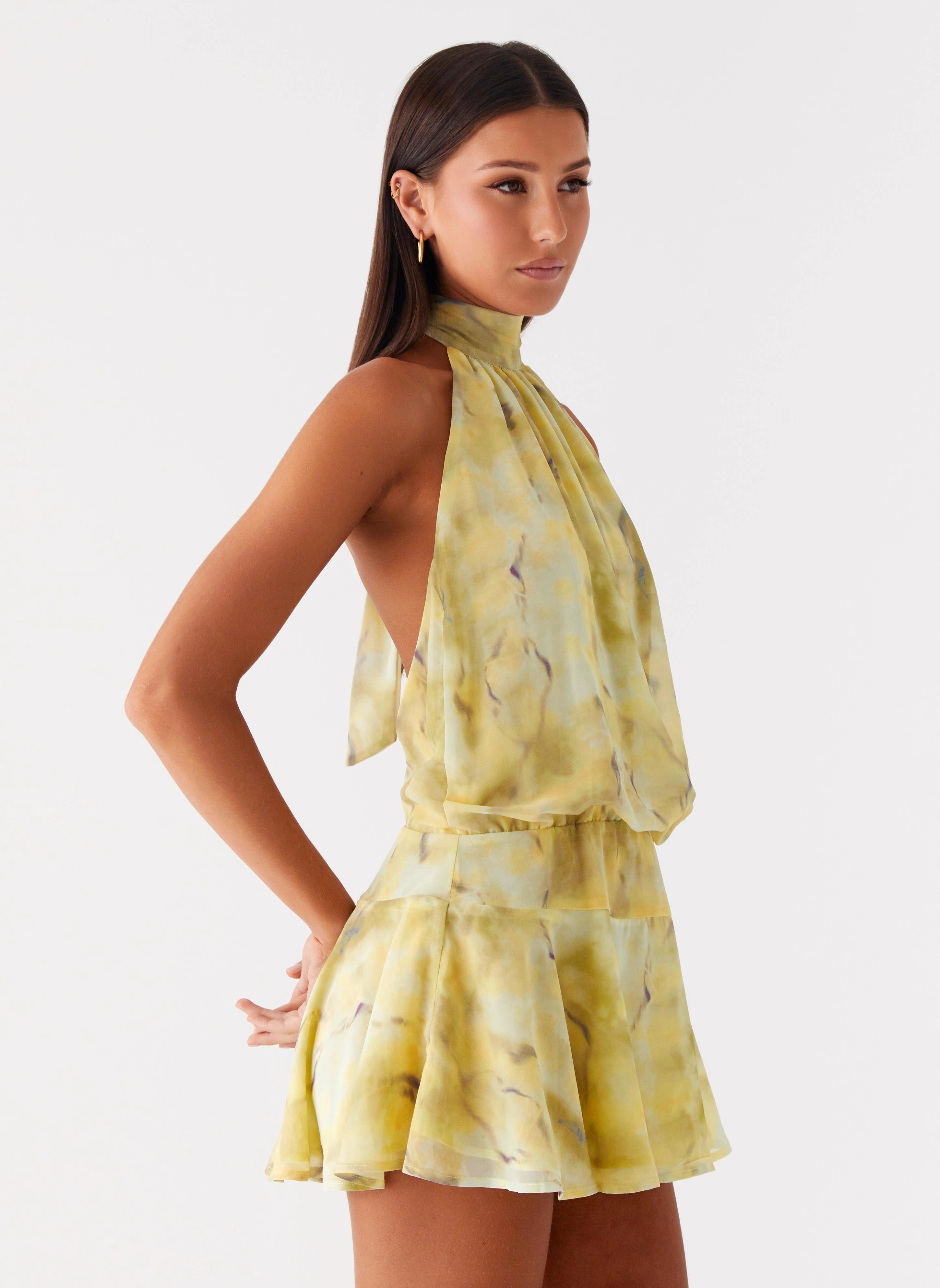 First Date Halter Mini Dress - Yellow Tie Dye Soft Harmony Calm Outfit