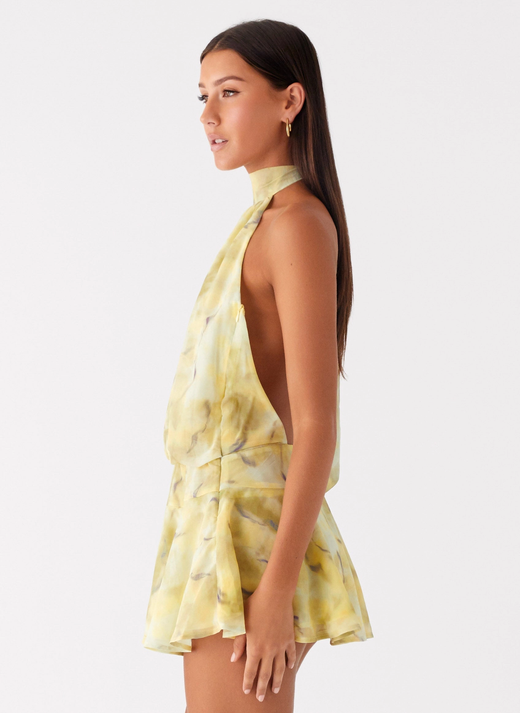 First Date Halter Mini Dress - Yellow Tie Dye Sleek Cut