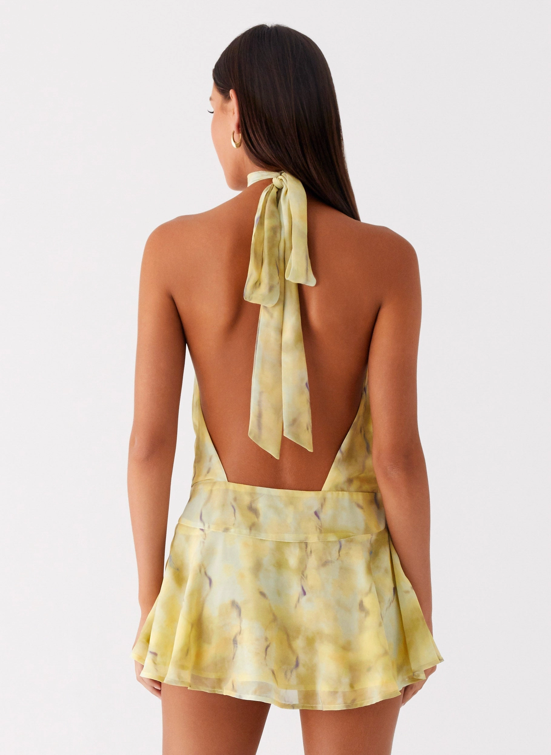 First Date Halter Mini Dress - Yellow Tie Dye Straight-Cut