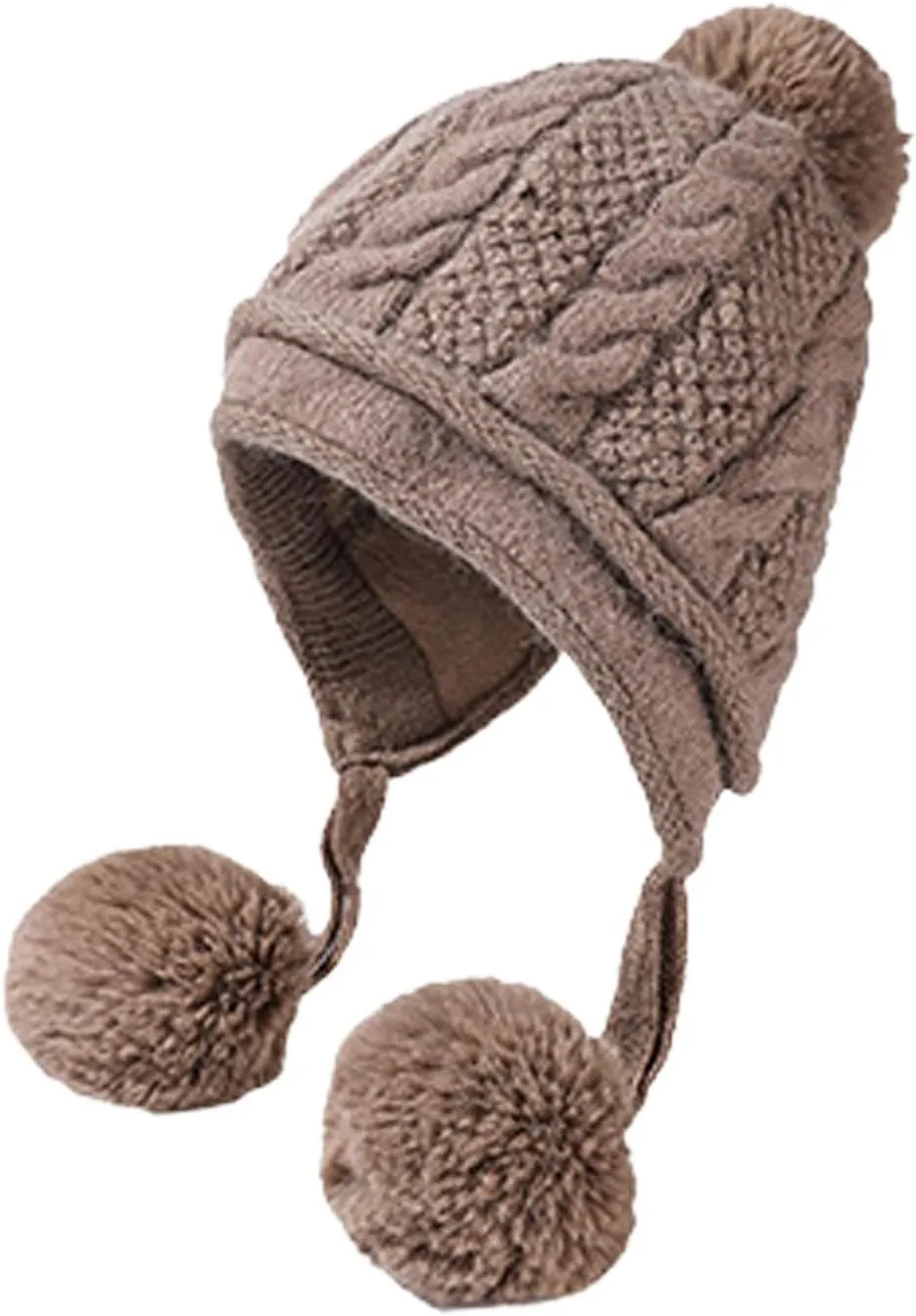 Beanie for Women Ear Flap Slouchy Cable Knit Hat with Pompom Fleece Lined Winter Hat Thick Cover Ears Skull Cap