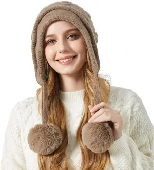 Beanie for Women Ear Flap Slouchy Cable Knit Hat with Pompom Fleece Lined Winter Hat Thick Cover Ears Skull Cap