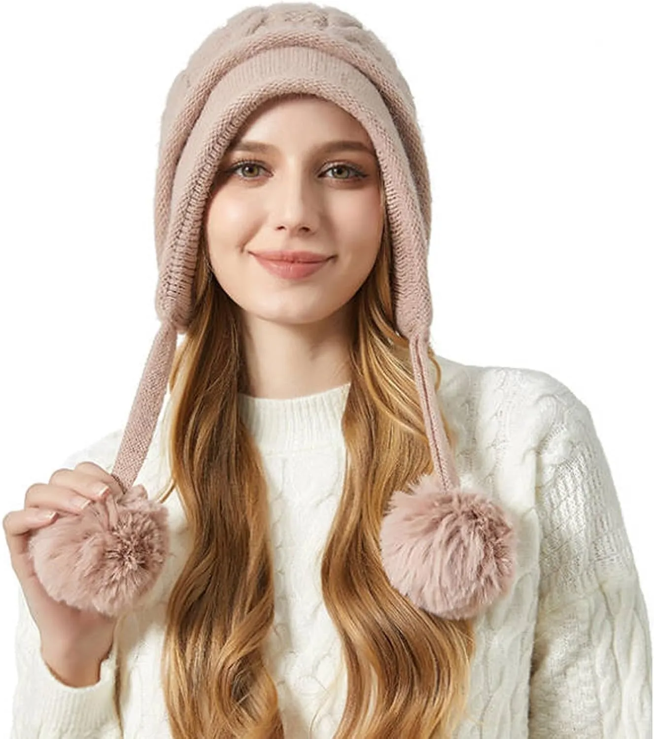 Beanie for Women Ear Flap Slouchy Cable Knit Hat with Pompom Fleece Lined Winter Hat Thick Cover Ears Skull Cap