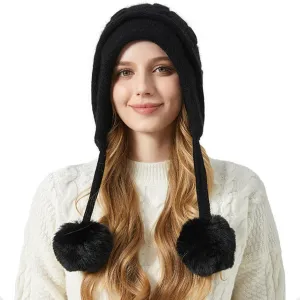 Beanie for Women Ear Flap Slouchy Cable Knit Hat with Pompom Fleece Lined Winter Hat Thick Cover Ears Skull Cap