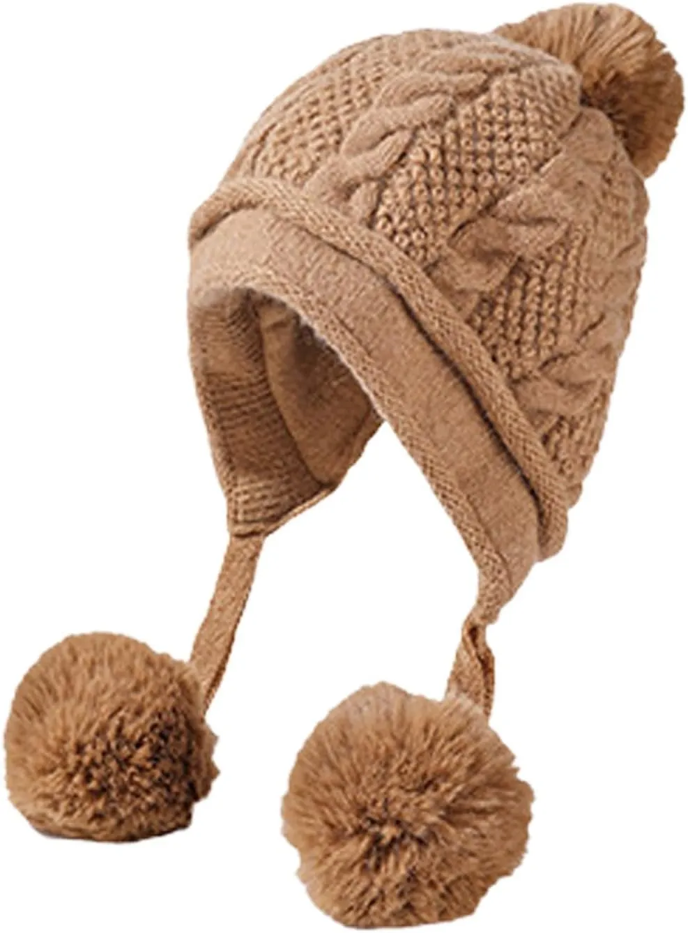 Beanie for Women Ear Flap Slouchy Cable Knit Hat with Pompom Fleece Lined Winter Hat Thick Cover Ears Skull Cap