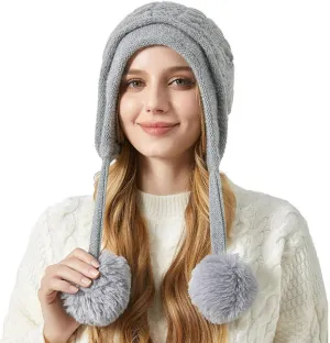 Beanie for Women Ear Flap Slouchy Cable Knit Hat with Pompom Fleece Lined Winter Hat Thick Cover Ears Skull Cap