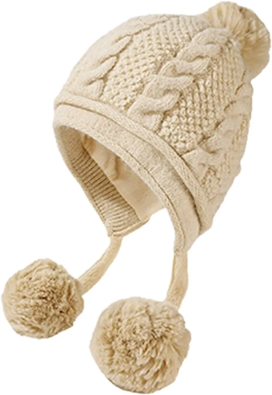 Beanie for Women Ear Flap Slouchy Cable Knit Hat with Pompom Fleece Lined Winter Hat Thick Cover Ears Skull Cap