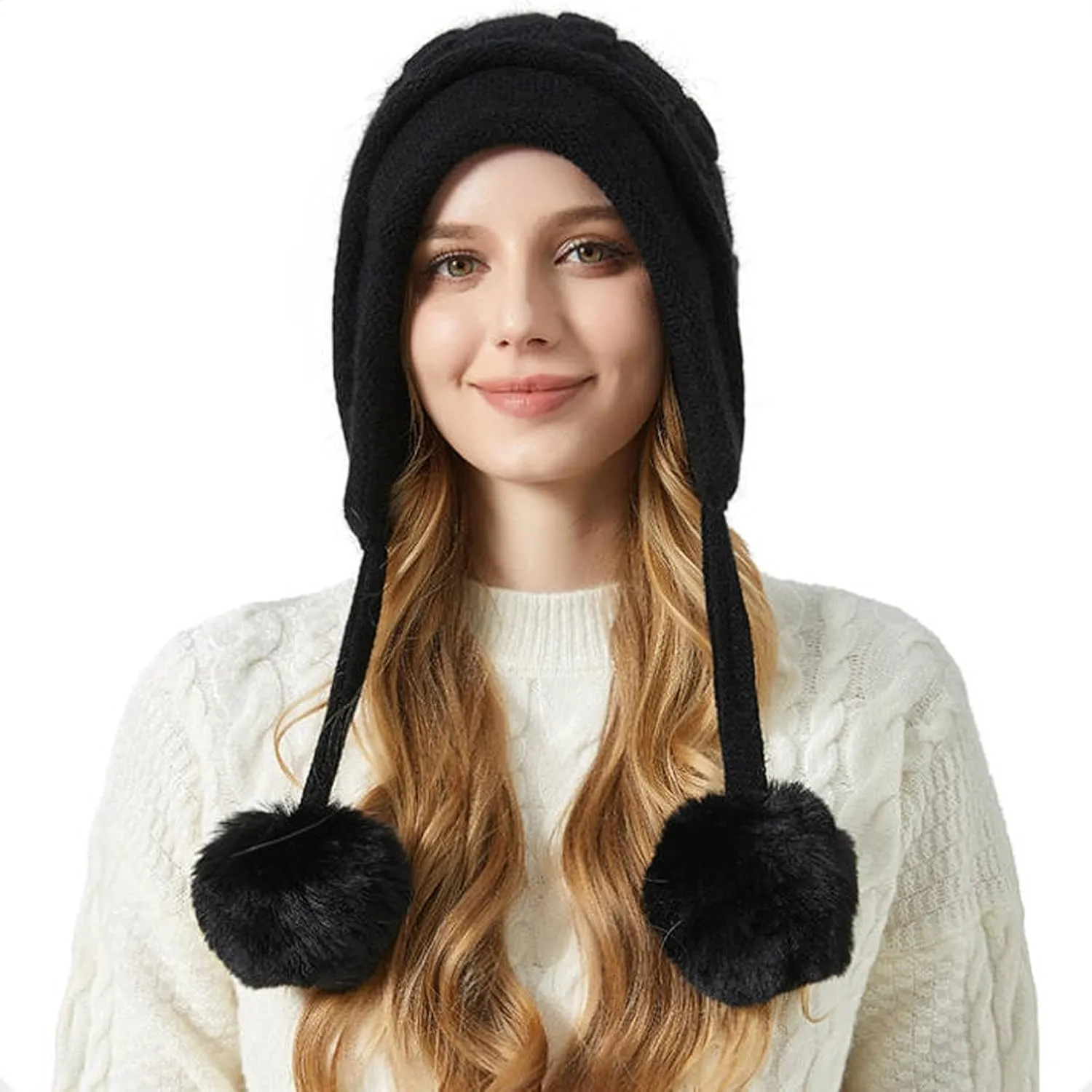 Beanie for Women Ear Flap Slouchy Cable Knit Hat with Pompom Fleece Lined Winter Hat Thick Cover Ears Skull Cap