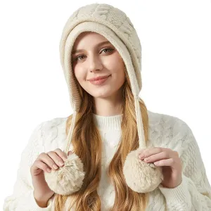 Beanie for Women Ear Flap Slouchy Cable Knit Hat with Pompom Fleece Lined Winter Hat Thick Cover Ears Skull Cap